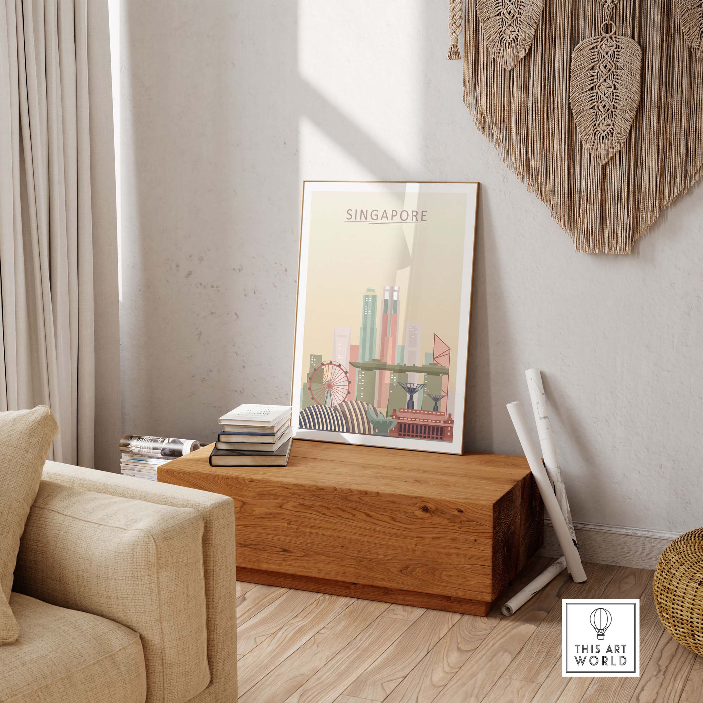 Singapore skyline wall art poster in a stylish interior setting, showcasing iconic architecture in pastel colors.