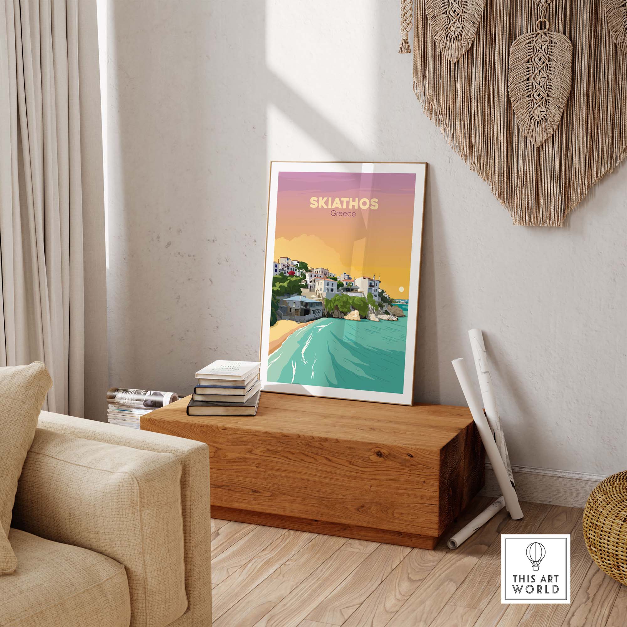 Skiathos travel poster print in minimalist decor showcasing Greece's stunning coastline and vibrant colors.