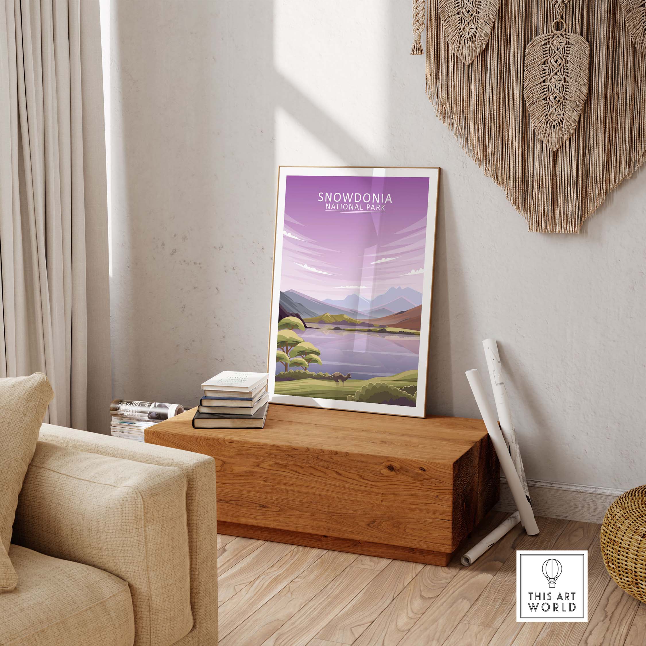 Snowdonia Poster featuring minimalist art in a stylish interior setting, ideal for home or office decor.