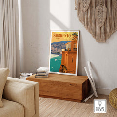 Sorrento Poster Print Wall Art showcasing vintage-style Italy scenery in a stylish modern living room.