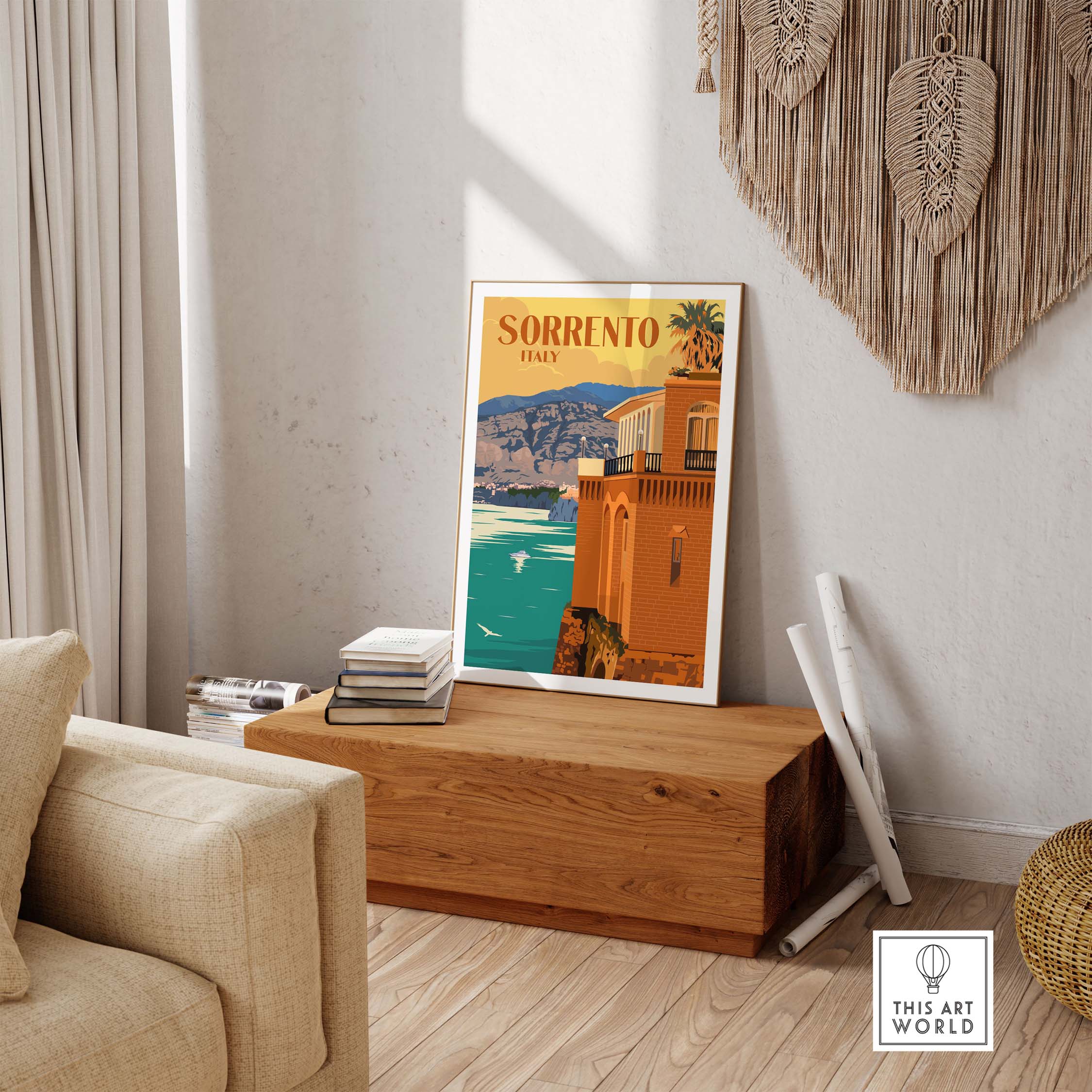 Sorrento Poster Print Wall Art showcasing vintage-style Italy scenery in a stylish modern living room.