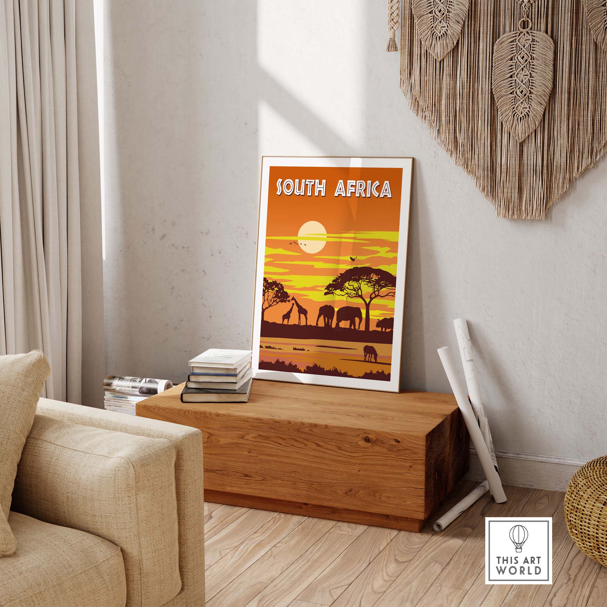 South Africa poster featuring elephants and sunset, adding vintage travel art to home decor.