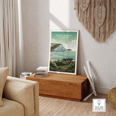 South Downs National Park poster displayed in a stylish home setting, featuring minimalist landscape art.