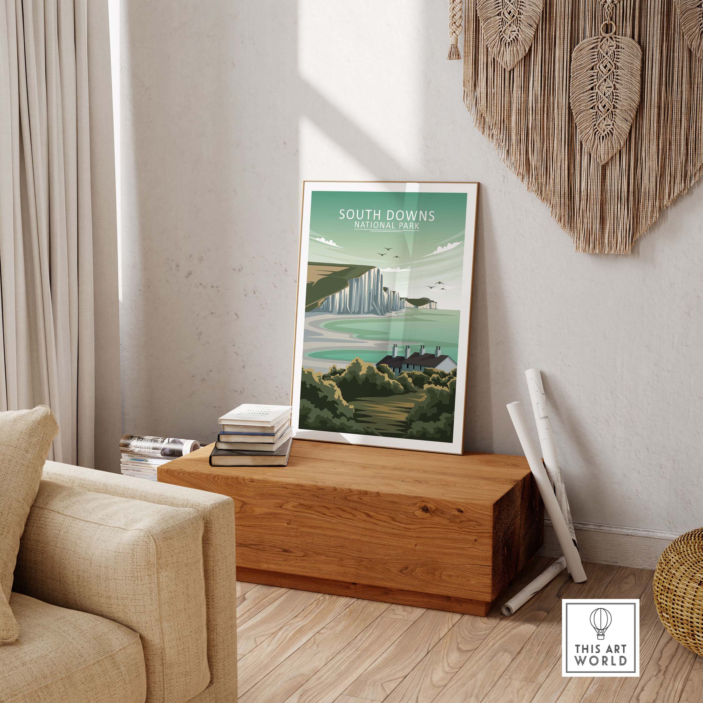 South Downs National Park poster displayed in a stylish home setting, featuring minimalist landscape art.