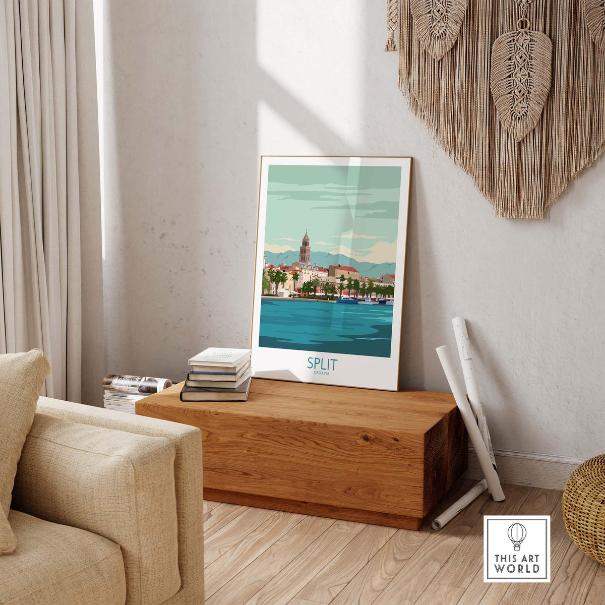 Stylish Split Croatia poster print displayed in a modern living room setup with natural decor.