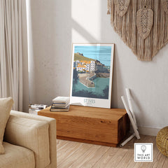 Stylish Cornwall St Ives print displayed in a modern living room setting, perfect for wanderlust-inspired decor.