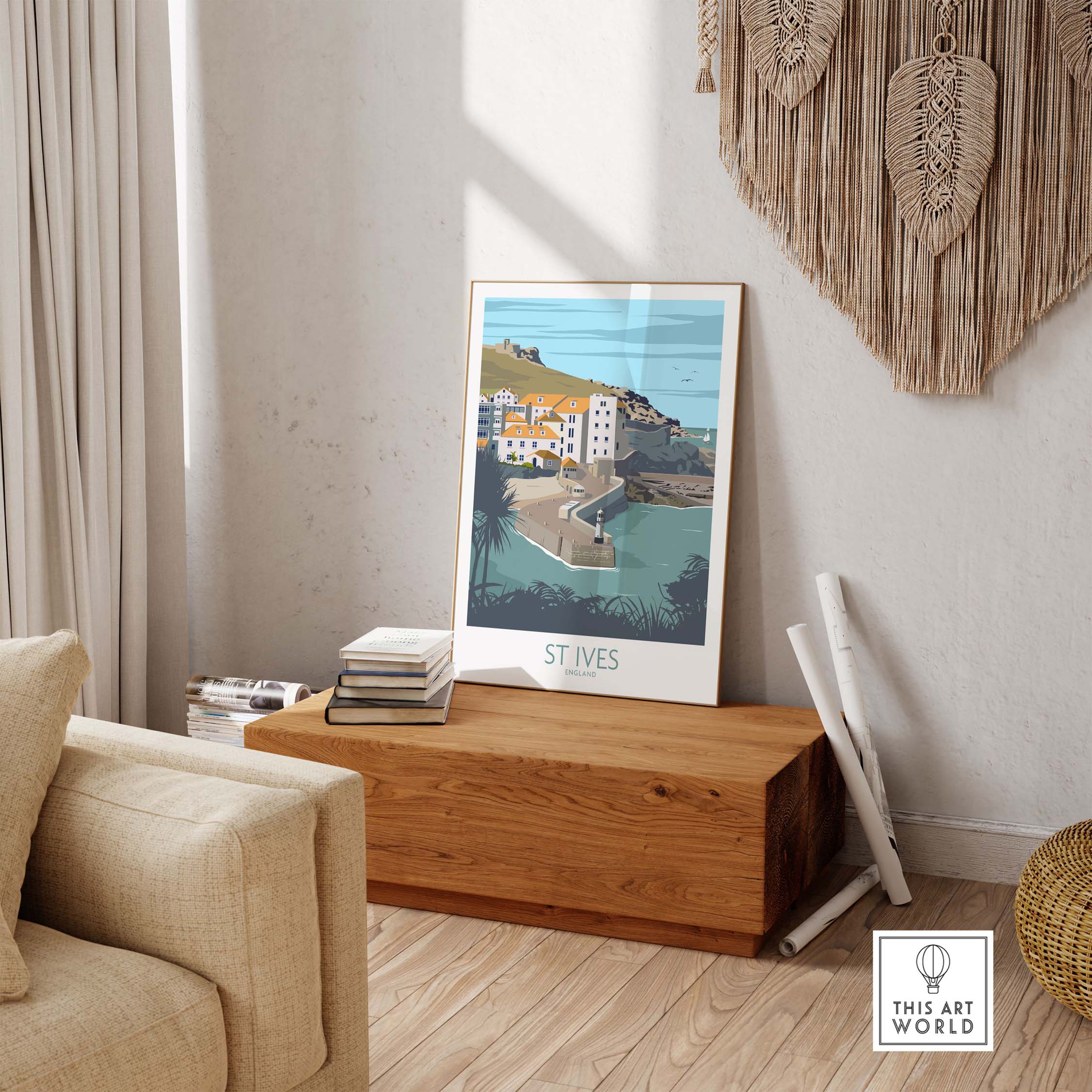Stylish Cornwall St Ives print displayed in a modern living room setting, perfect for wanderlust-inspired decor.