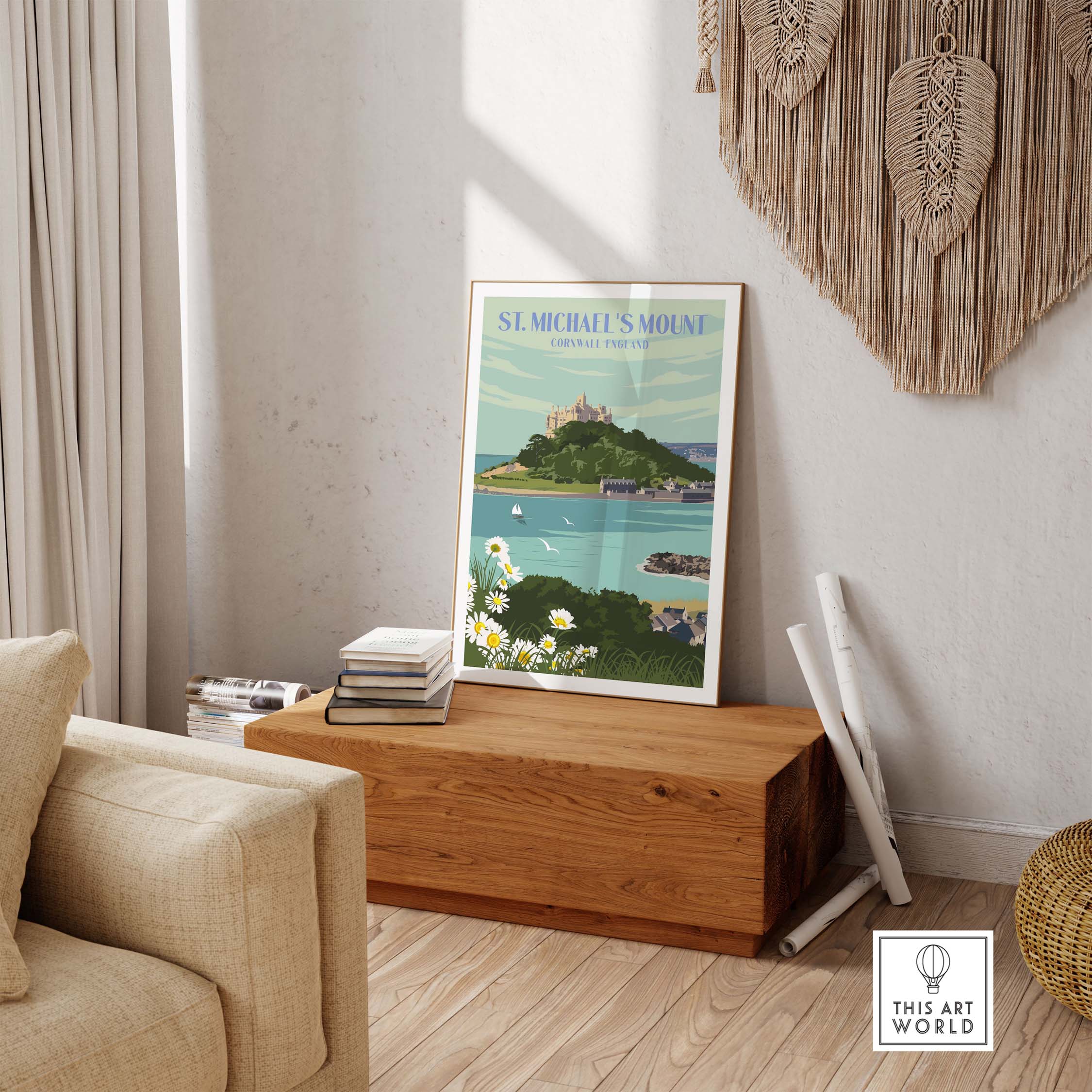 St Michael's Mount vintage travel print displayed in a modern living room setting, showcasing Cornwall's beauty.
