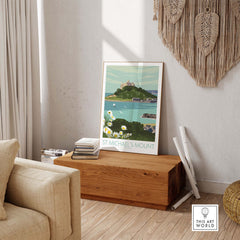St Michael's Mount art print in a cozy living room setting, showcasing Cornwall's scenic beauty and vintage travel inspiration.