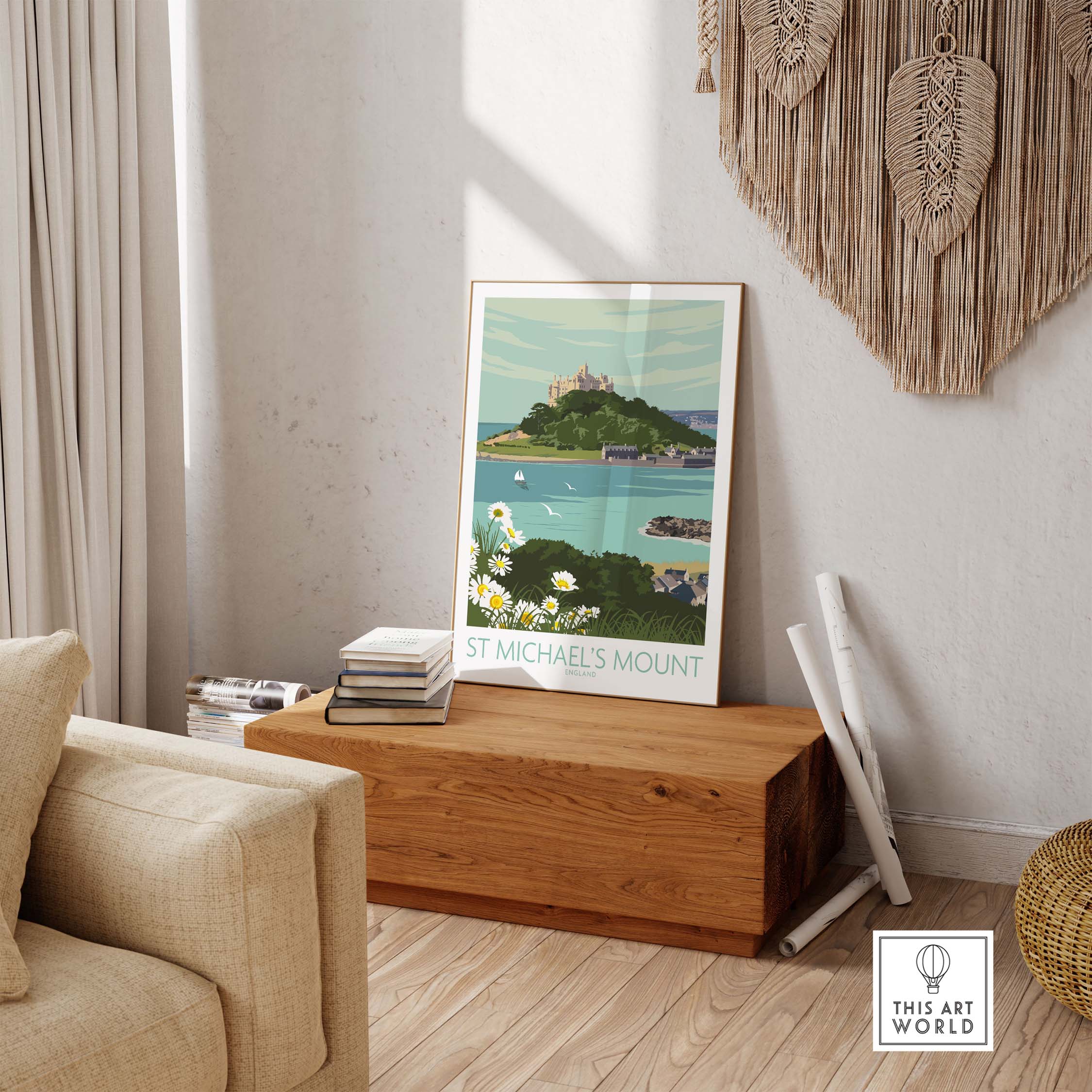 St Michael's Mount art print in a cozy living room setting, showcasing Cornwall's scenic beauty and vintage travel inspiration.