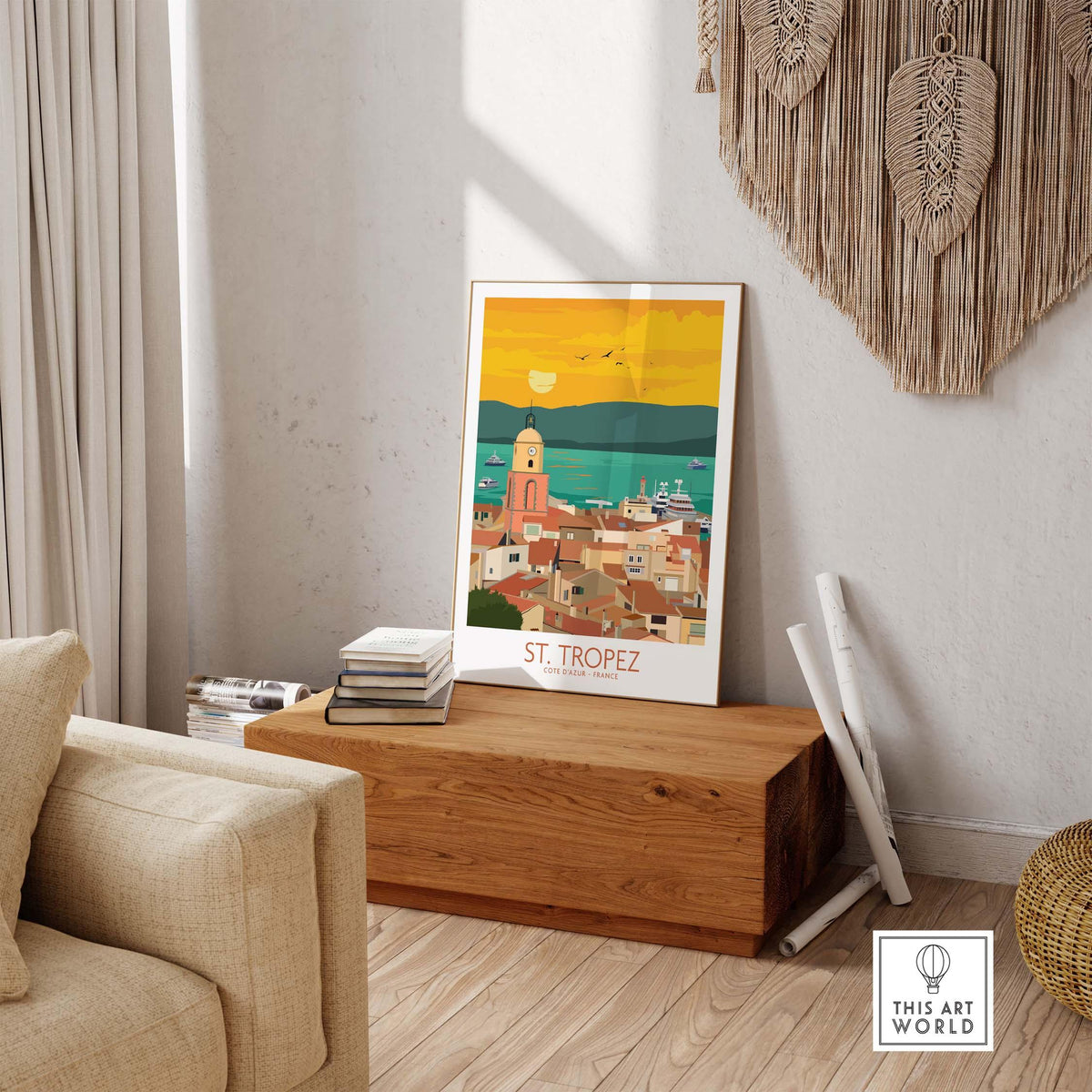 St Tropez Poster Print displayed in a stylish living room on a wooden bench, embracing vintage travel art.