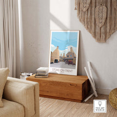 Stoke on Trent print displayed in a modern living room with wooden decor and stylish wall art.