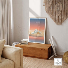 Sydney Wall Art Poster featuring the iconic Sydney Opera House, artistically styled in a cozy interior setting.