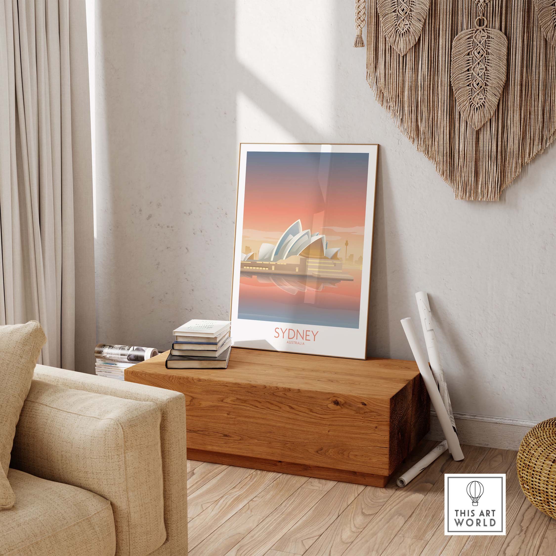 Sydney Australia wall art featuring the iconic Sydney Opera House in a stylish interior setting.