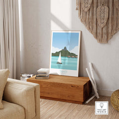 Tahiti art print travel poster displayed in a stylish home setting, showcasing a serene island landscape.