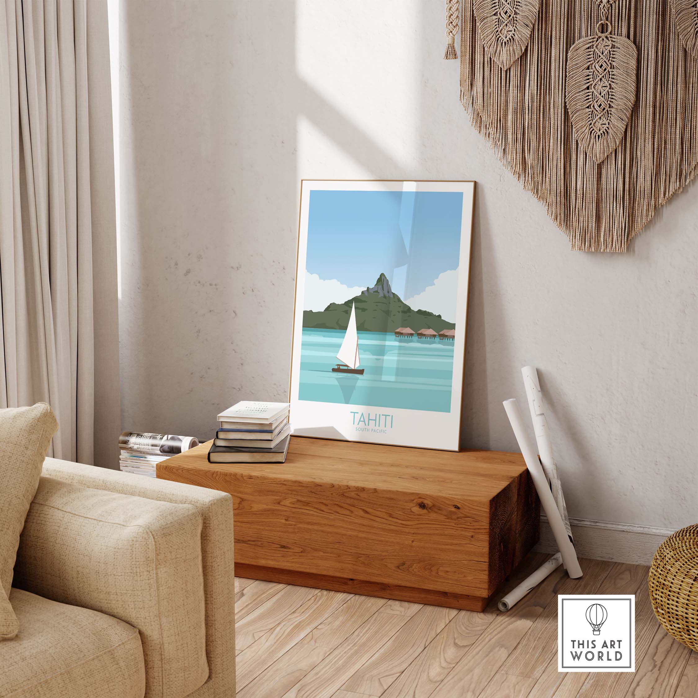 Tahiti art print travel poster displayed in a stylish home setting, showcasing a serene island landscape.