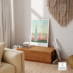 Stylish Taipei Print Taiwan Travel Poster in a cozy living room setting with wooden decor.