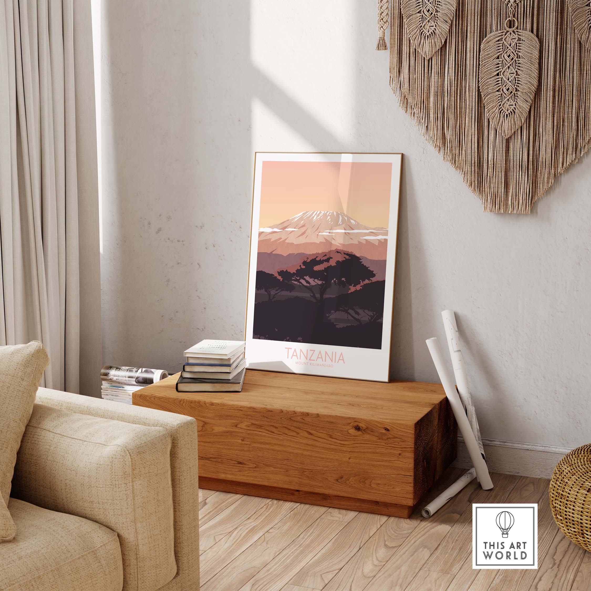 Kilimanjaro Print Tanzania Poster displayed in a stylish living room with vintage travel art decor.