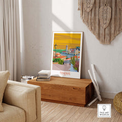 Tenerife vintage travel poster print displayed in a bright, stylish living room setting.