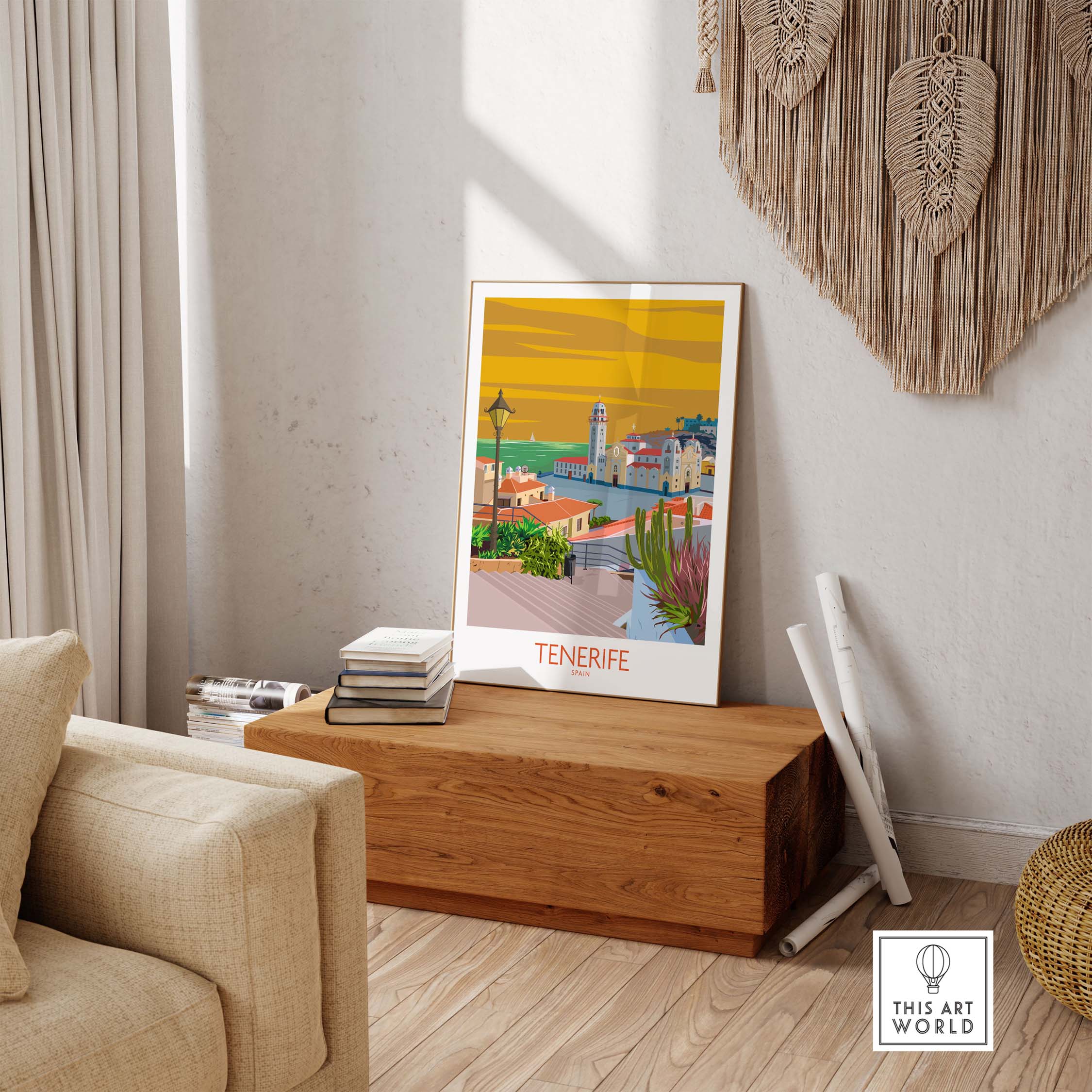 Tenerife vintage travel poster print displayed in a bright, stylish living room setting.