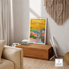 Tenerife poster print wall art displayed in a stylish living room with a wooden bench and cozy décor.