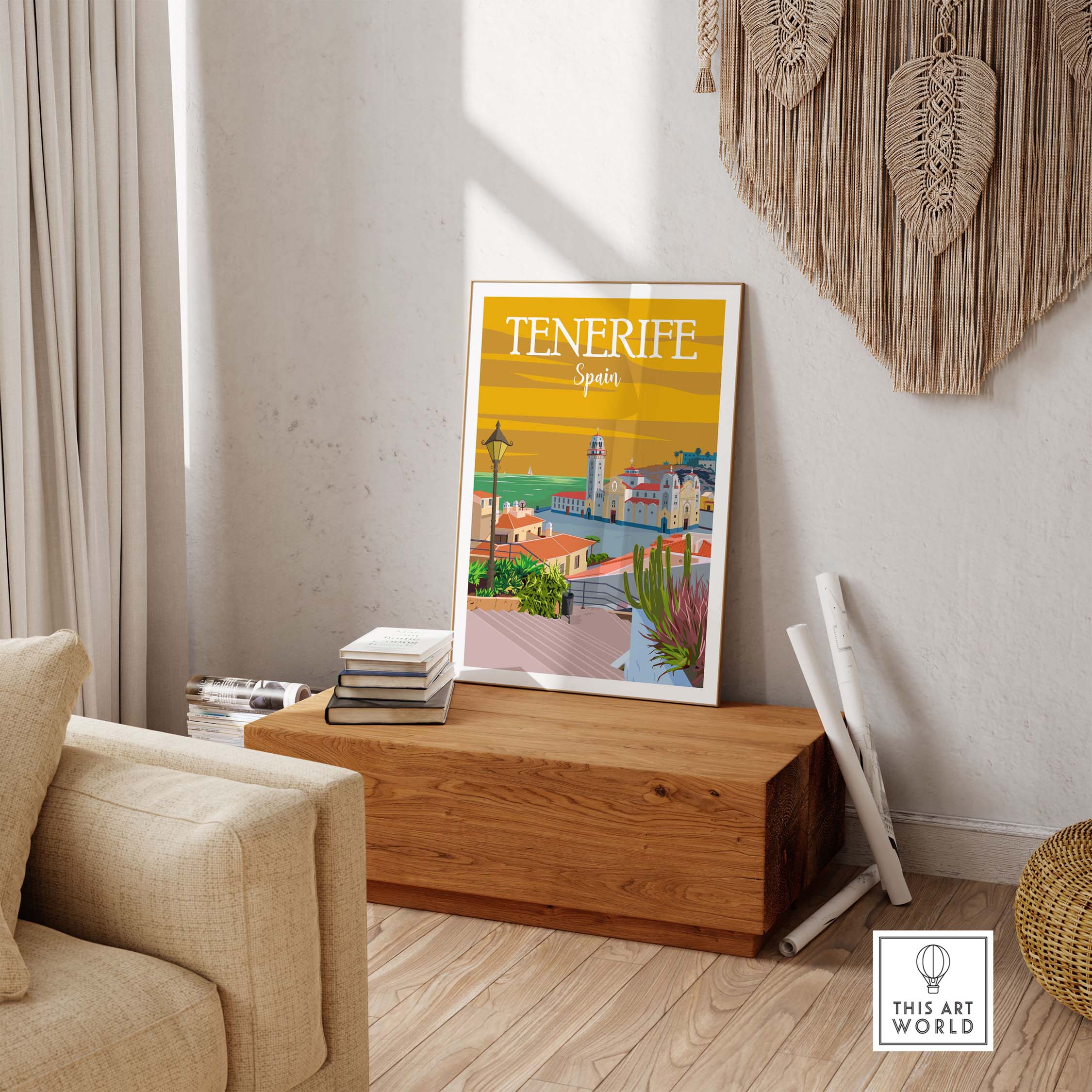 Tenerife poster print wall art displayed in a stylish living room with a wooden bench and cozy décor.