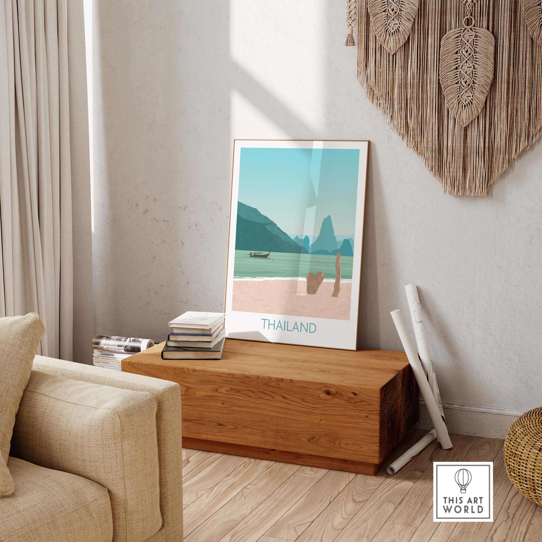 Stylish Thailand print travel poster displayed in a cozy living room setting with a wooden chest.