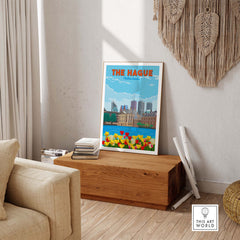 The Hague Netherlands wall art print in a minimalist living room with floral accents and stylish decor.