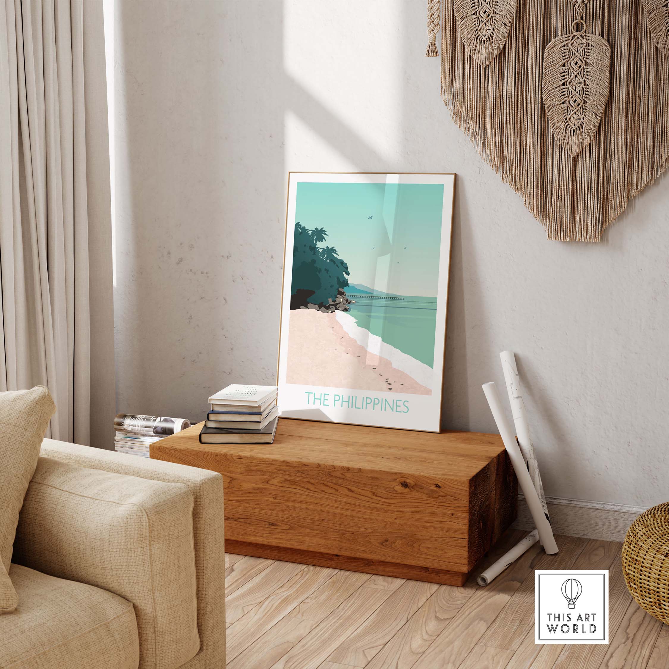 Philippines print travel poster displayed in a cozy living room, capturing the essence of tropical beach vibes.