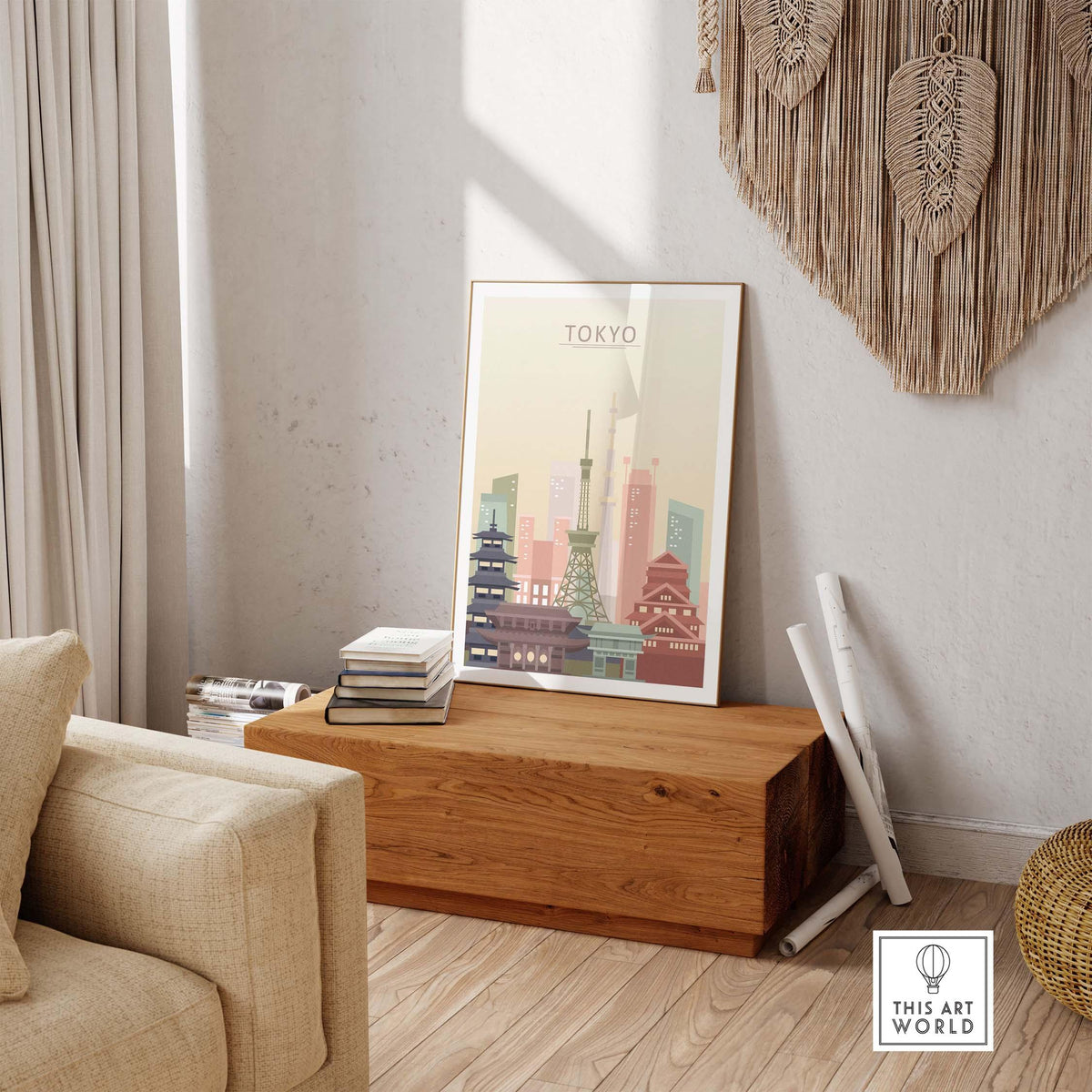 Tokyo skyline poster displayed in a stylish living room, showcasing pastel architectural beauty.
