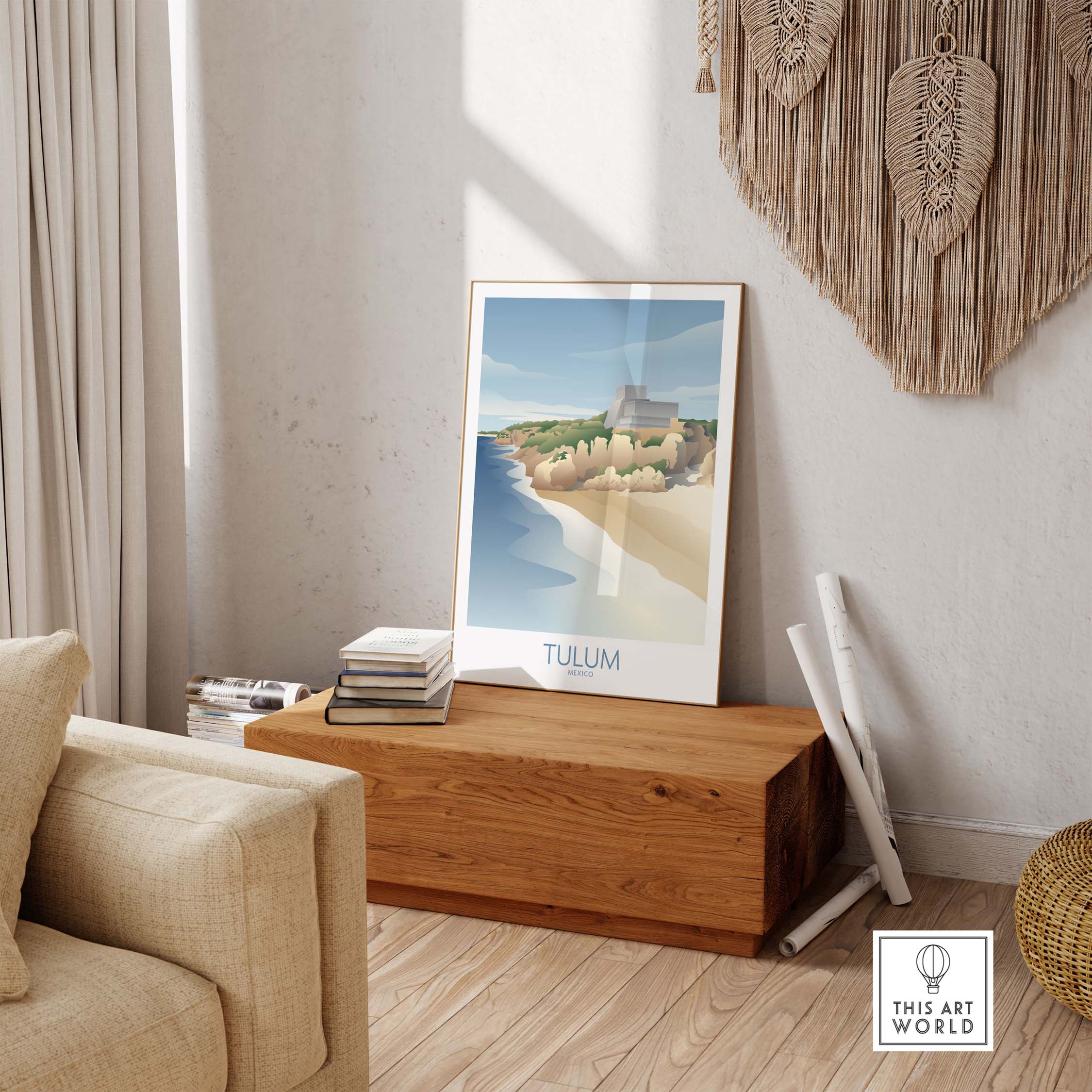 Tulum Mexico wall art print displayed in a stylish interior, capturing vintage travel vibes.