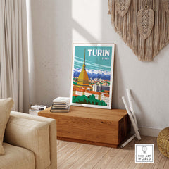 Turin Italy travel poster print displayed in a stylish living room setting, showcasing vibrant colors and minimalist design.