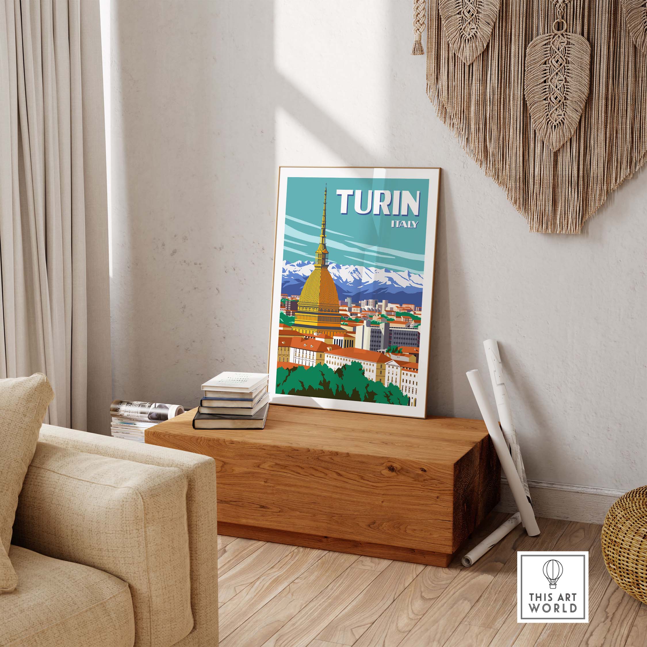 Turin Italy travel poster print displayed in a stylish living room setting, showcasing vibrant colors and minimalist design.