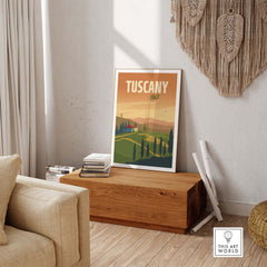 Tuscany poster wall art print featuring vintage landscape design, displayed in a stylish home setting.