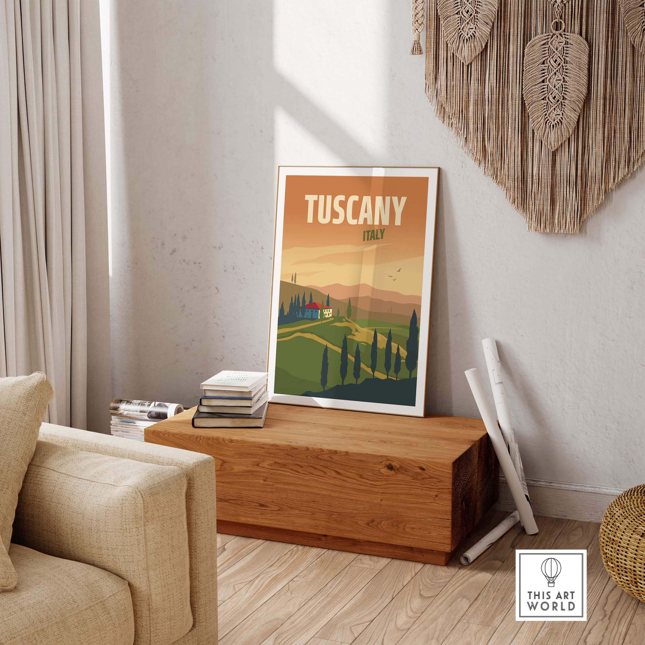 Tuscany poster wall art print featuring vintage landscape design, displayed in a stylish home setting.
