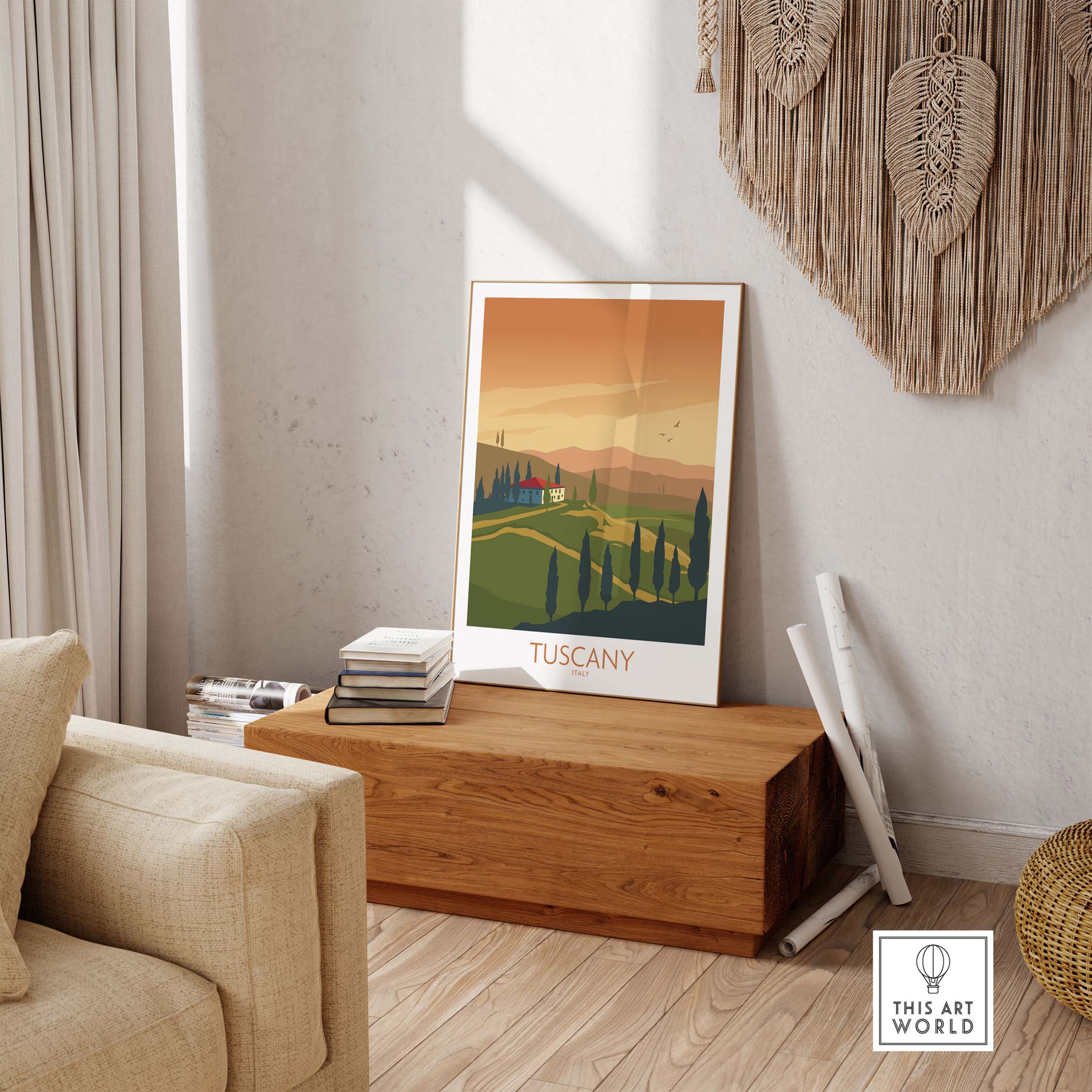 Tuscany poster print displayed in a cozy living room, showcasing vintage travel-inspired art for home decor.