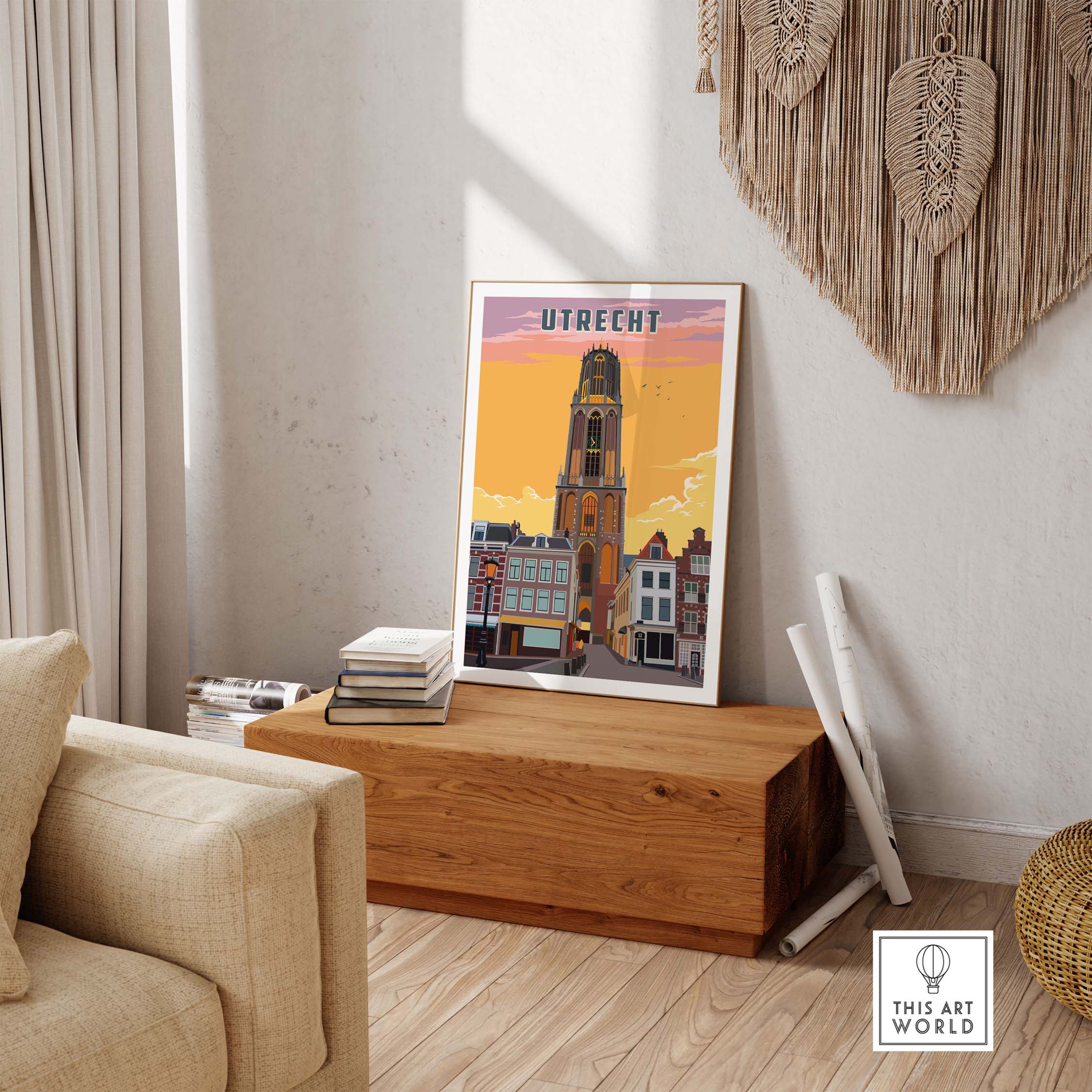 Utrecht Print depicting the iconic Dom Tower, perfect for decorating homes or offices and celebrating Dutch culture.