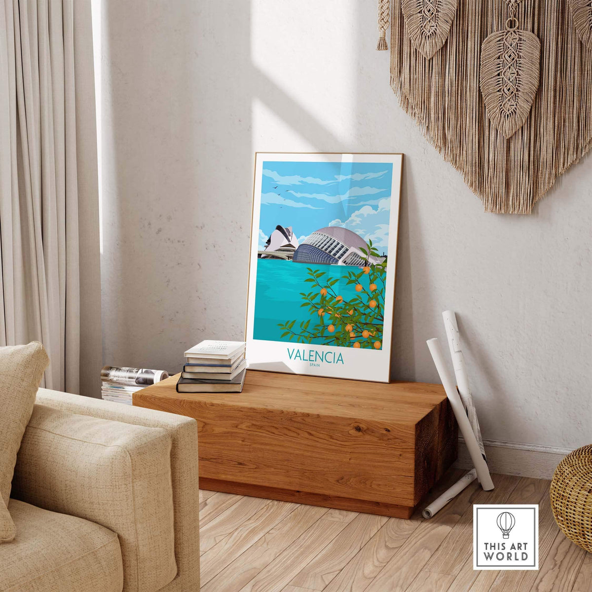Valencia Poster Print showcasing minimalist design and vibrant colors, perfect for home or office decor.