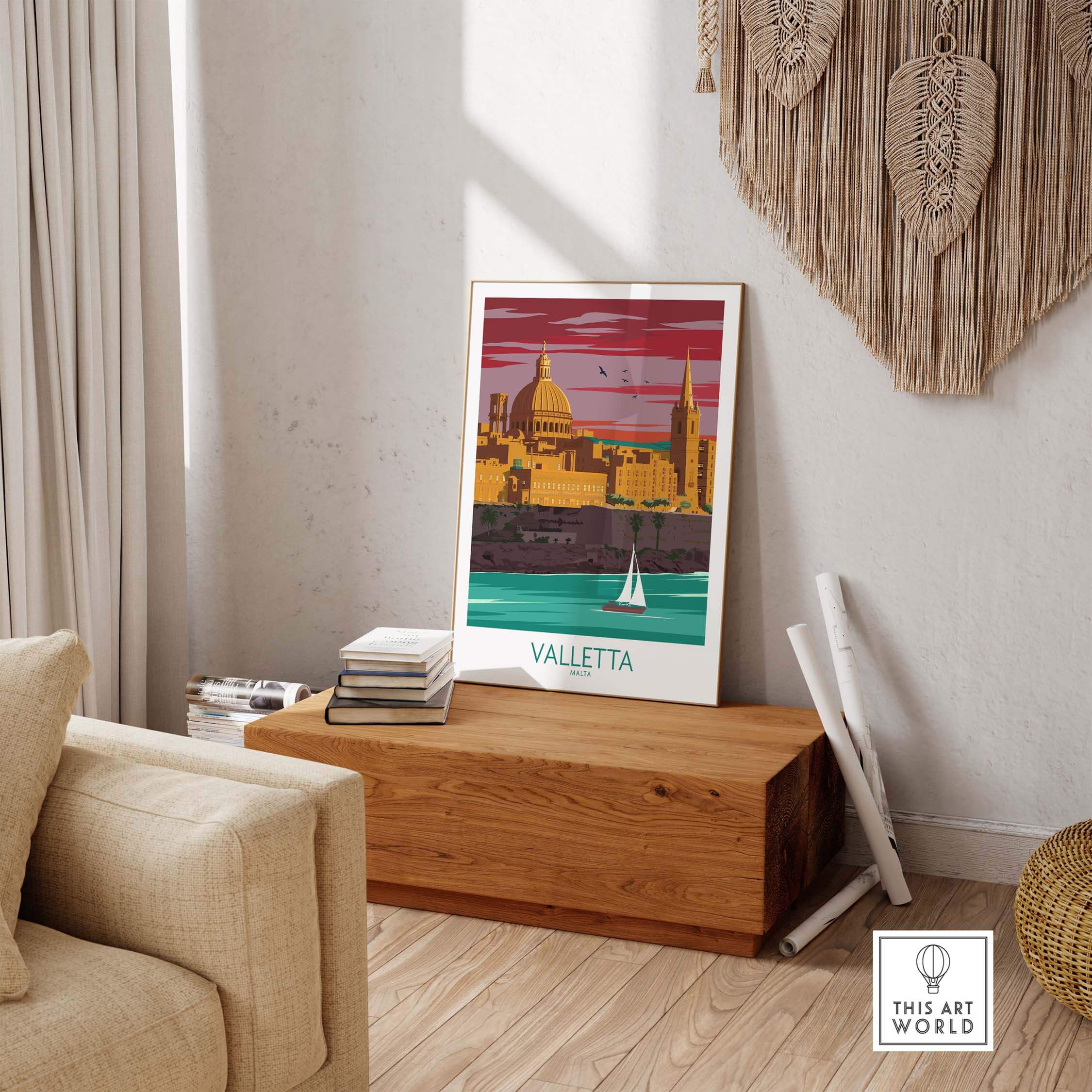 Valletta Print Malta Poster displayed in a stylish living space with modern decor.