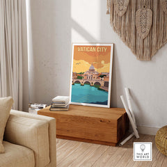 Vatican City vintage travel poster print displayed in a stylish home interior, perfect for art lovers and wanderlust.