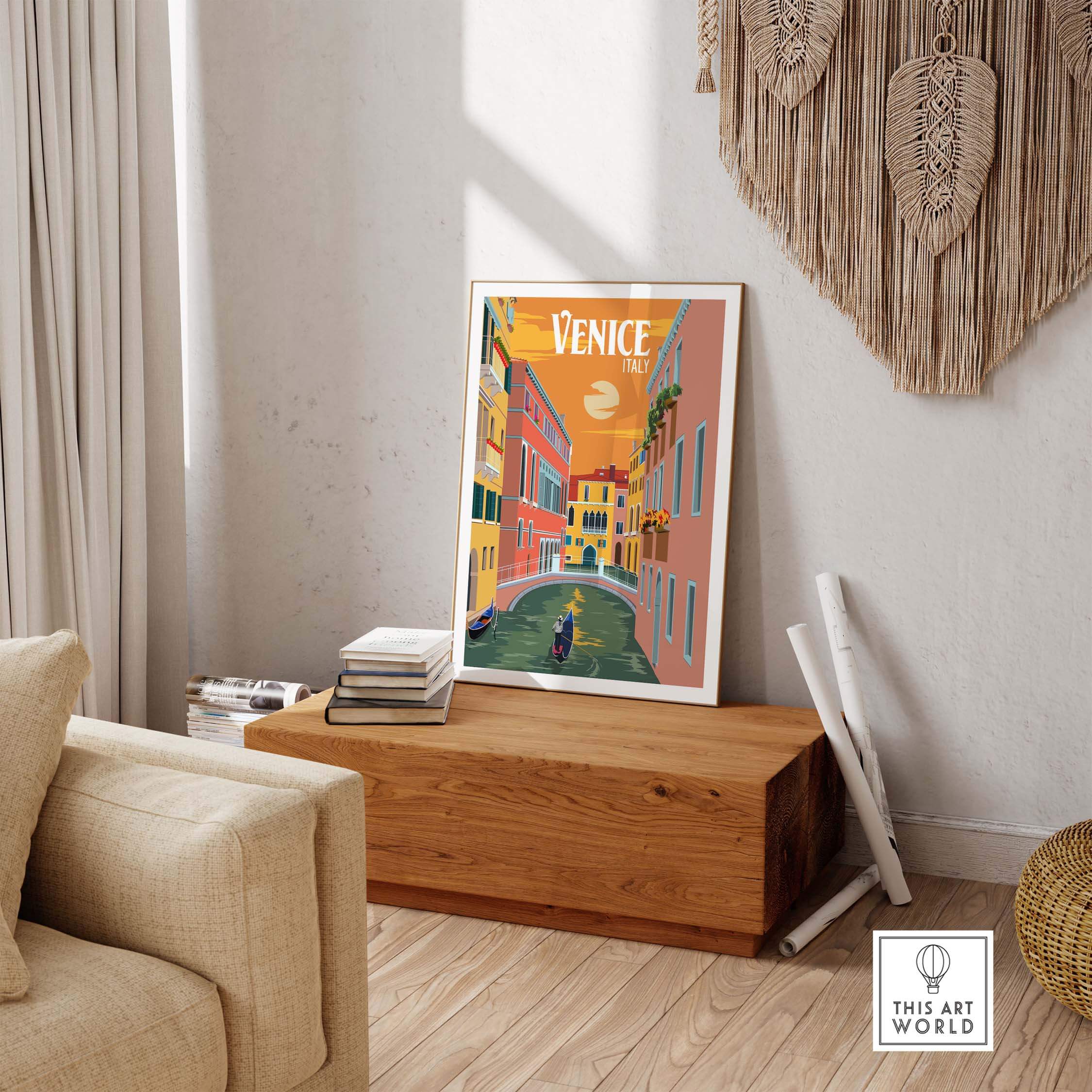 Vintage-inspired Venice Italy poster print wall art displayed in a stylish living room setting.