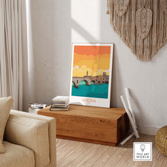 Verona Poster Italy showcasing nostalgic vintage style in a stylish home setting on a wooden box.