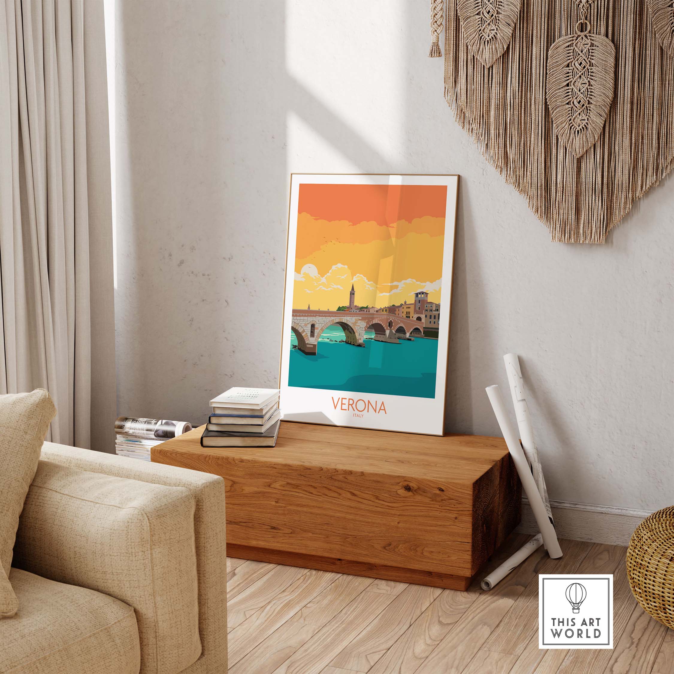 Verona Poster Italy showcasing nostalgic vintage style in a stylish home setting on a wooden box.