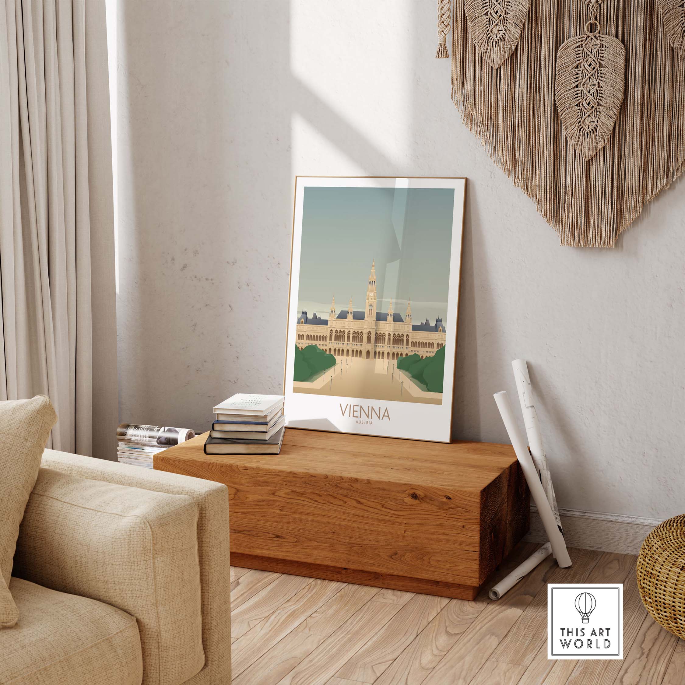 Vienna Wall Art Print displayed in a stylish living room setting with decorative elements and furniture.