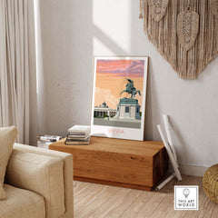 Vienna Print Austria Travel Poster on display, vintage style artwork showcasing iconic Vienna architecture and colors.