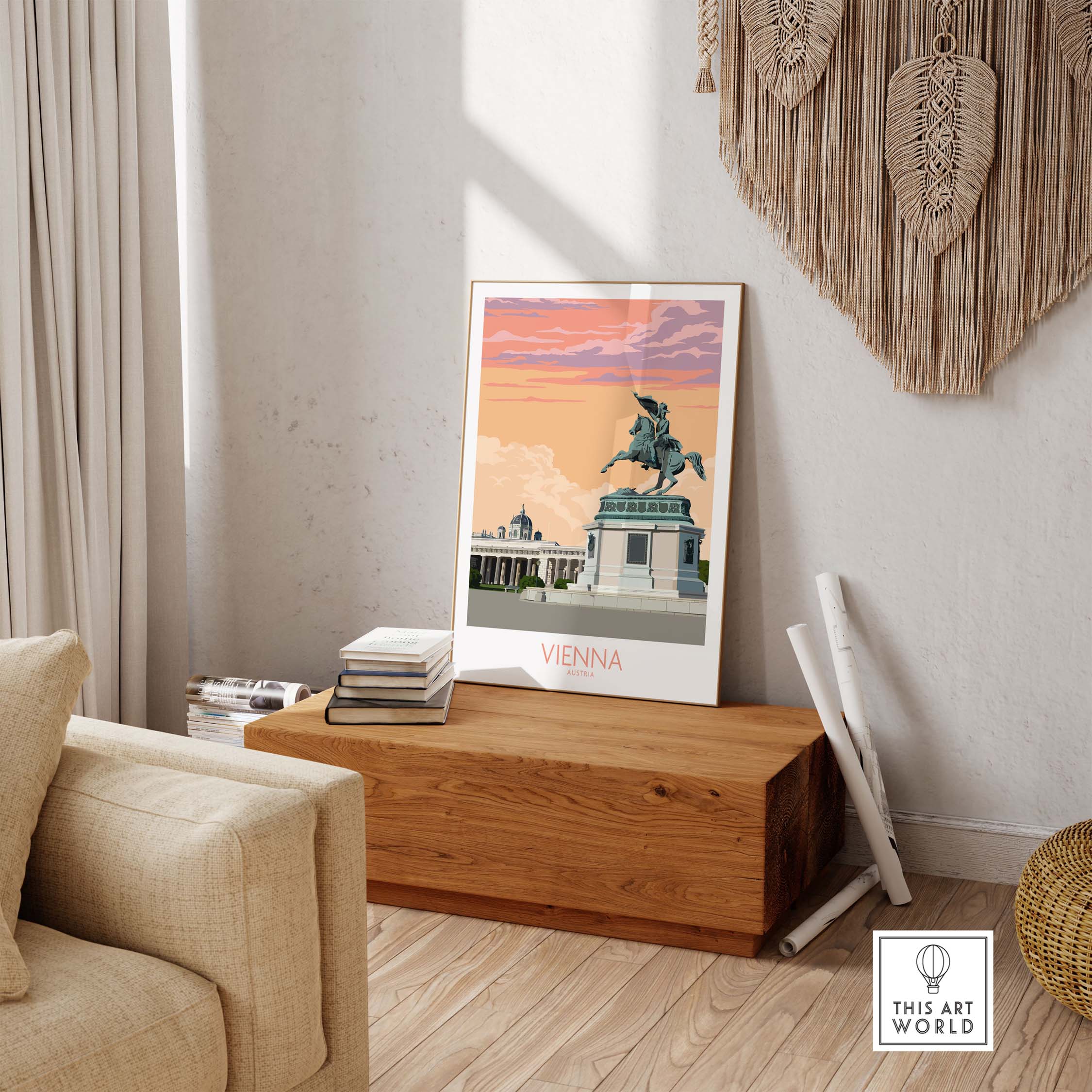 Vienna Print Austria Travel Poster on display, vintage style artwork showcasing iconic Vienna architecture and colors.