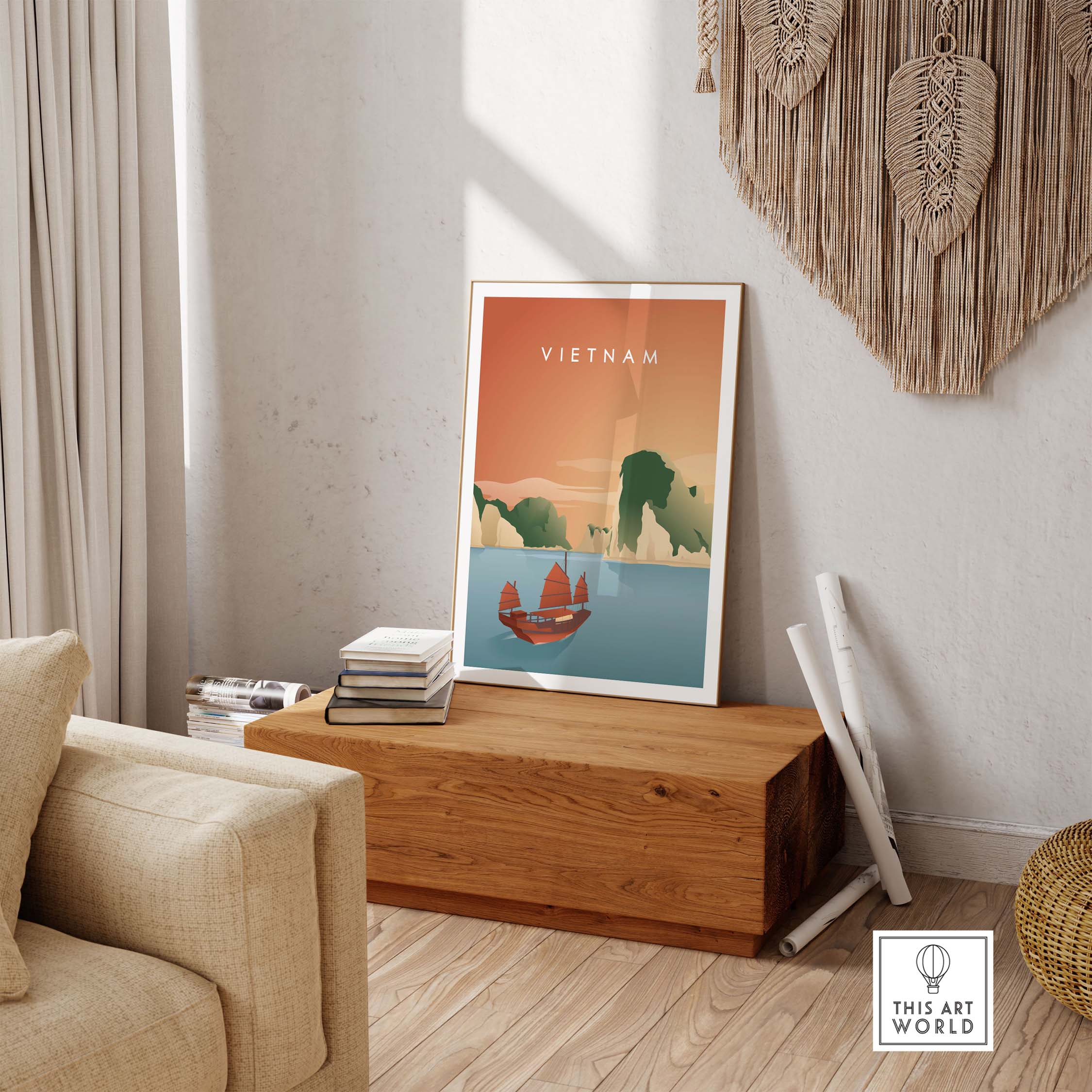 Vietnam wall art poster featuring Ha Long Bay in a stylish home decor setting.