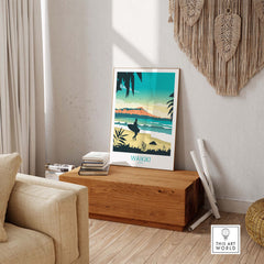 Waikiki Hawaii poster print showcasing vibrant beach scenery and tropical vibes in a modern home setting.