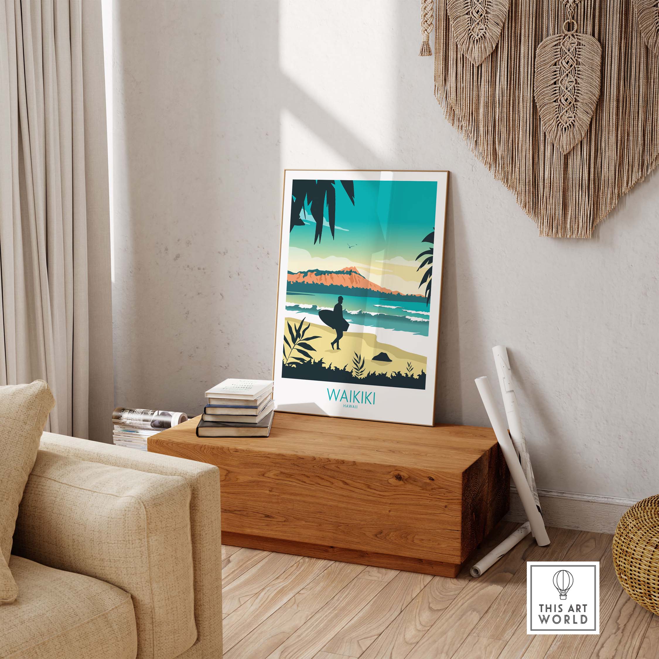 Waikiki Hawaii poster print showcasing vibrant beach scenery and tropical vibes in a modern home setting.