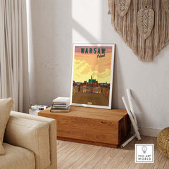 Retro Warsaw poster art print showcased in stylish home decor, representing travel and wanderlust in Poland.